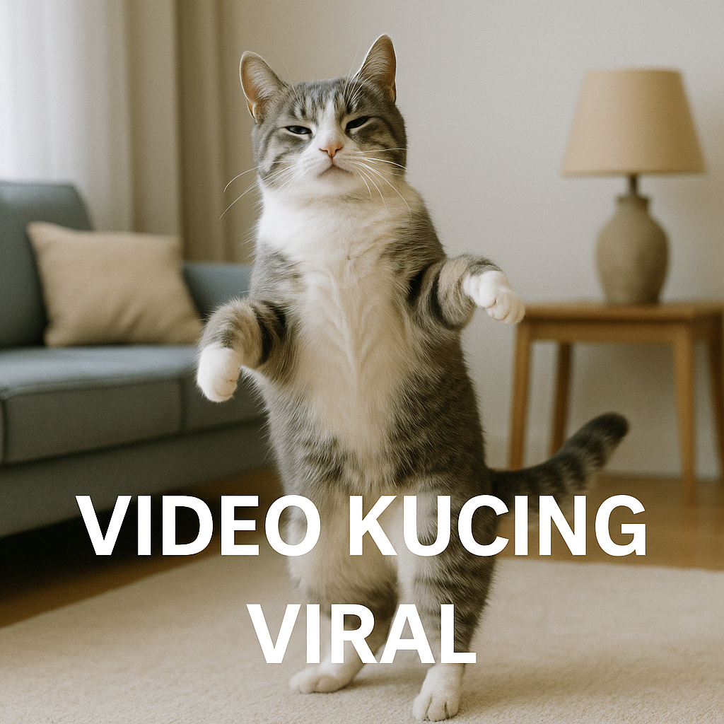 Kucing berwarna putih abu-abu sedang berdiri di dua kaki dan menari lucu di ruang tamu modern dengan tulisan Video Kucing Viral