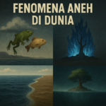 Poster realistis berjudul Fenomena Aneh di Dunia yang menampilkan empat fenomena alam unik: hujan ikan dan katak, api biru di pohon, laut yang tidak bercampur, dan sungai bawah laut.